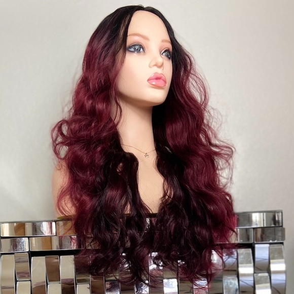 Burgundy red dark mix wig 24 inch long wavy - Picture 2 of 7